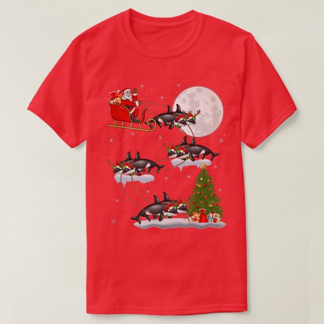 Funny Julafton Lighting Träd Santa Riding Orca Fis T Shirt (Design framsida)