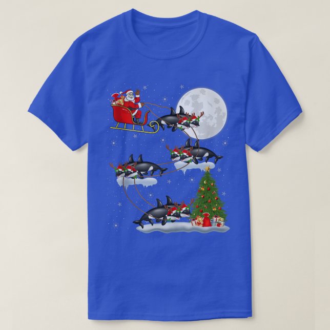 Funny Julafton Lighting Träd Santa Riding Orca Fis T Shirt (Design framsida)