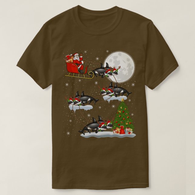 Funny Julafton Lighting Träd Santa Riding Orca Fis T Shirt (Design framsida)