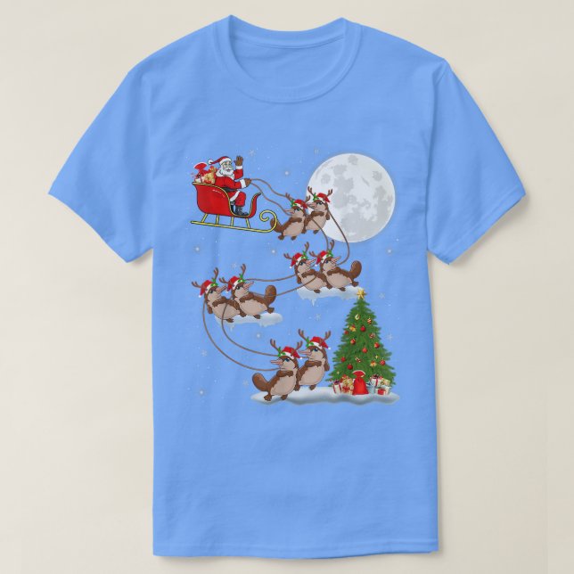 Funny Julafton Lighting Träd Santa Riding Platypus T Shirt (Design framsida)