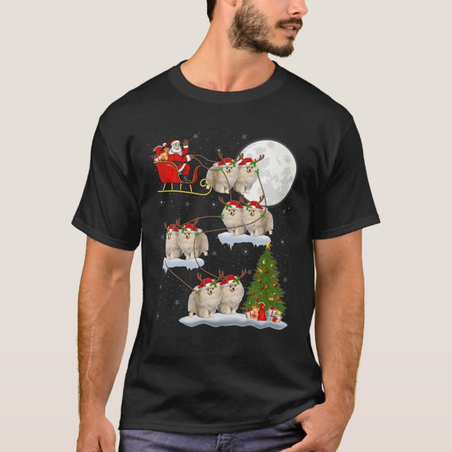 Funny Julafton Lighting Träd Santa Riding Pommania T Shirt (Framsida)