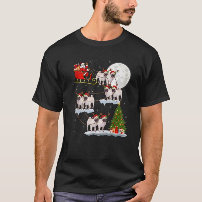 Funny Julafton Lighting Träd Santa Riding Pug Chri T Shirt (Framsida)