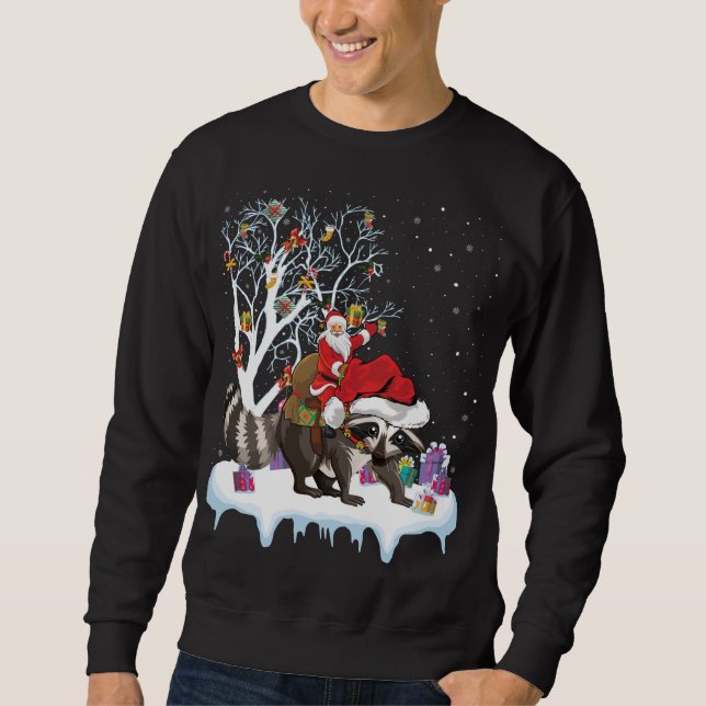 Funny Julafton Lighting Träd Santa Riding Raccoon  Lång Ärmad Tröja (Framsida)