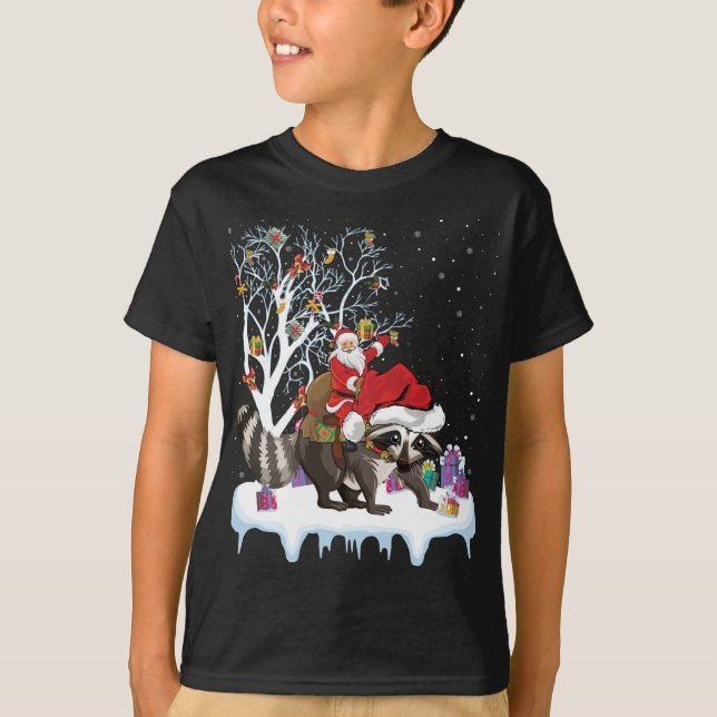 Funny Julafton Lighting Träd Santa Riding Raccoon  T Shirt (Framsida)