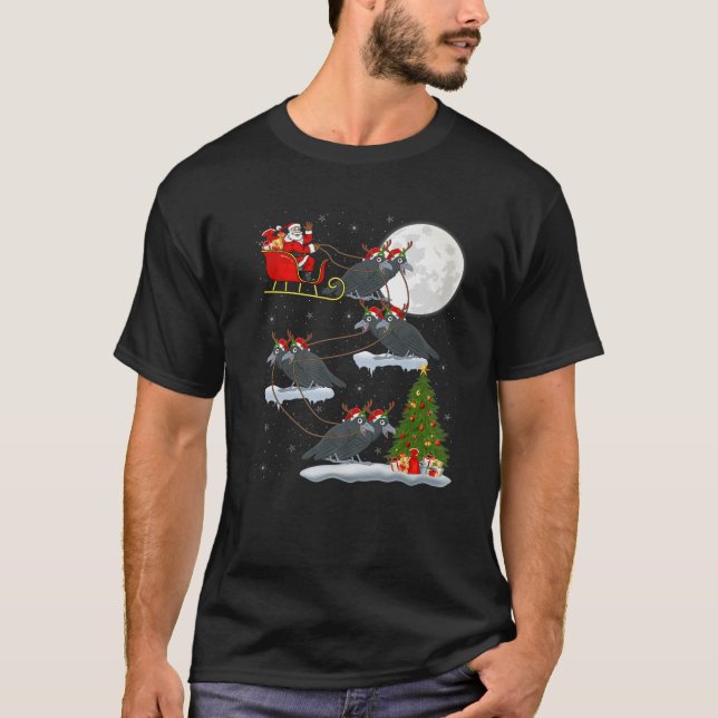 Funny Julafton Lighting Träd Santa Riding Raven Bi T Shirt (Framsida)