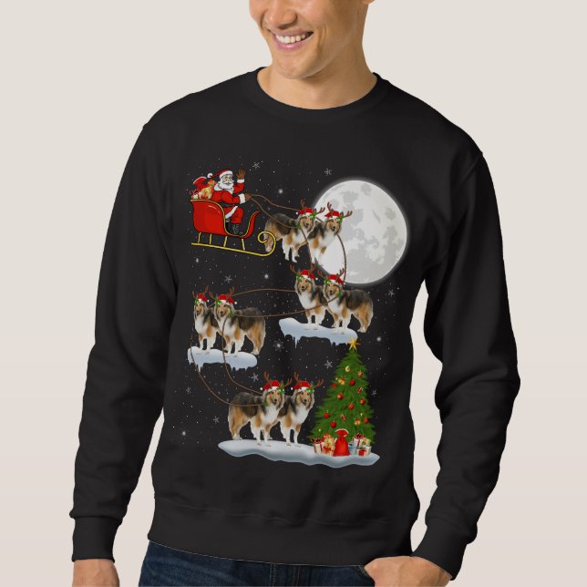 Funny Julafton Lighting Träd Santa Riding Sheltie  Lång Ärmad Tröja (Framsida)