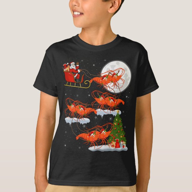 Funny Julafton Lighting Träd Santa Riding Shrimp C T Shirt (Framsida)