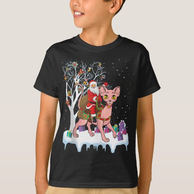 Funny Julafton Lighting Träd Santa Riding Sphynx C T Shirt (Framsida)
