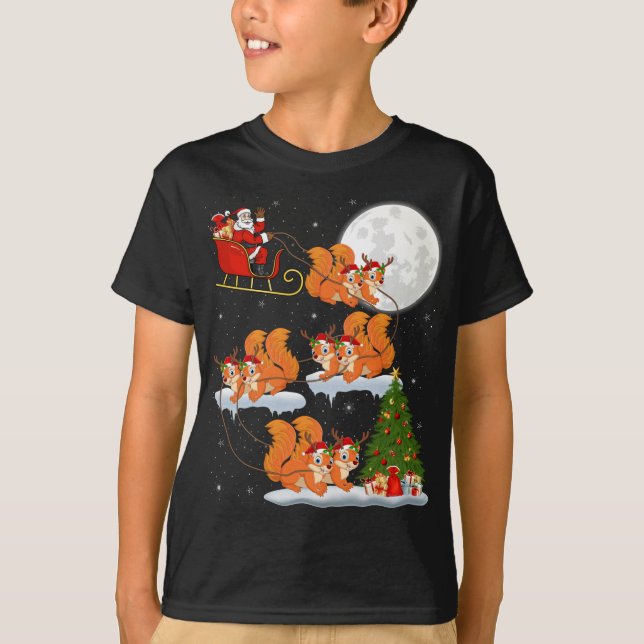 Funny Julafton Lighting Träd Santa Riding Squirrel T Shirt (Framsida)
