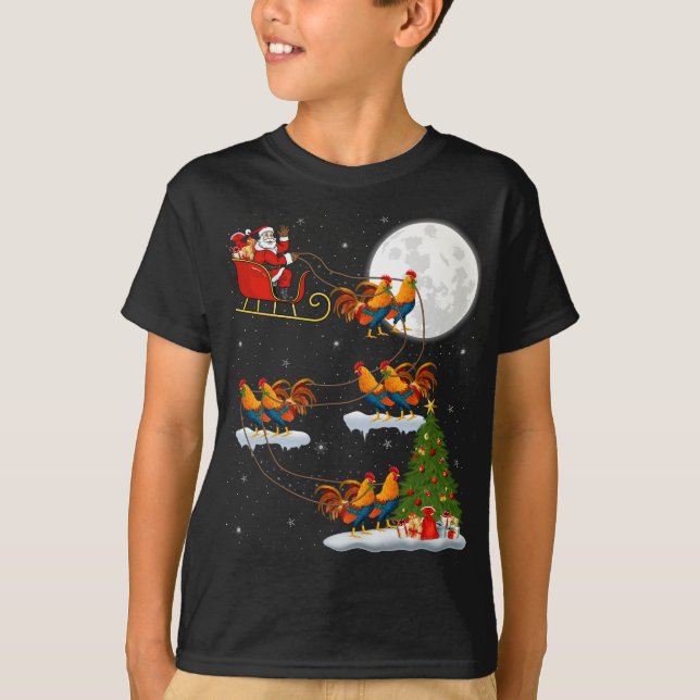 Funny Julafton Lighting Träd Santa Riding Tupp Bir T Shirt (Framsida)