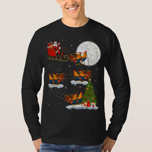 Funny Julafton Lighting Träd Santa Riding Tupp Bir T Shirt (Framsida)