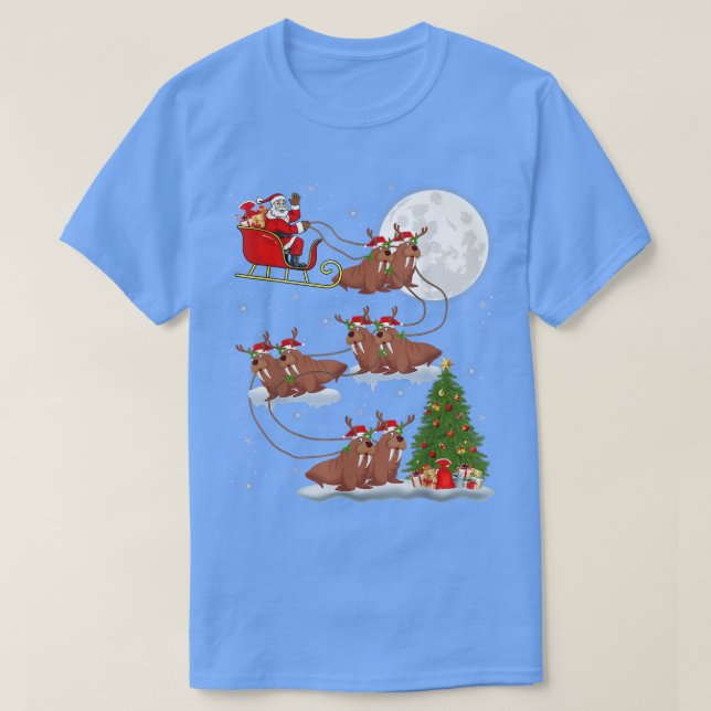 Funny Julafton Lighting Träd Santa Riding Walrus C T Shirt (Design framsida)