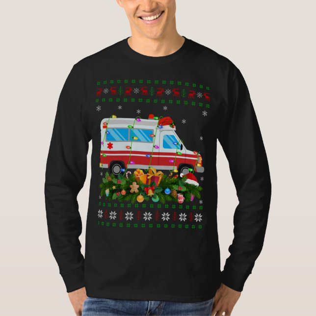 Funny Julafton Lighting Träd Santa Ugly Ambulance  T Shirt (Framsida)