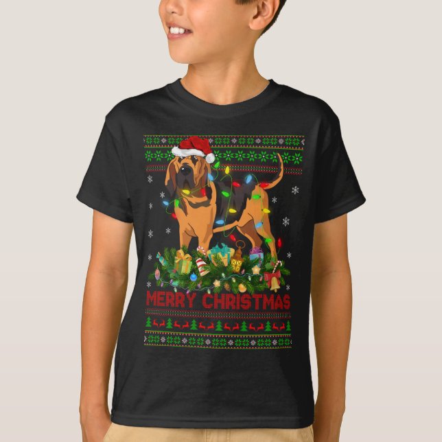 Funny Julafton Lighting Träd Santa Ugly Bloodhound T Shirt (Framsida)