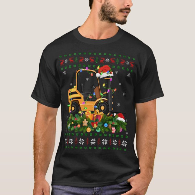 Funny Julafton Lighting Träd Santa Ugly Forklift C T Shirt (Framsida)