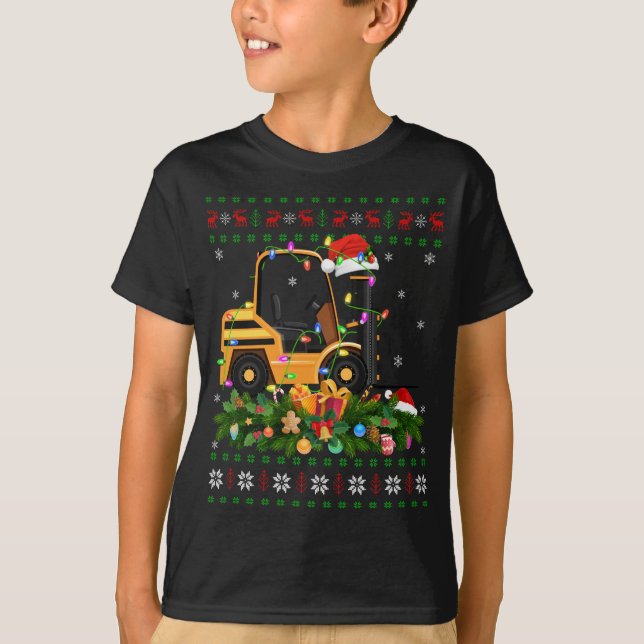 Funny Julafton Lighting Träd Santa Ugly Forklift C T Shirt (Framsida)