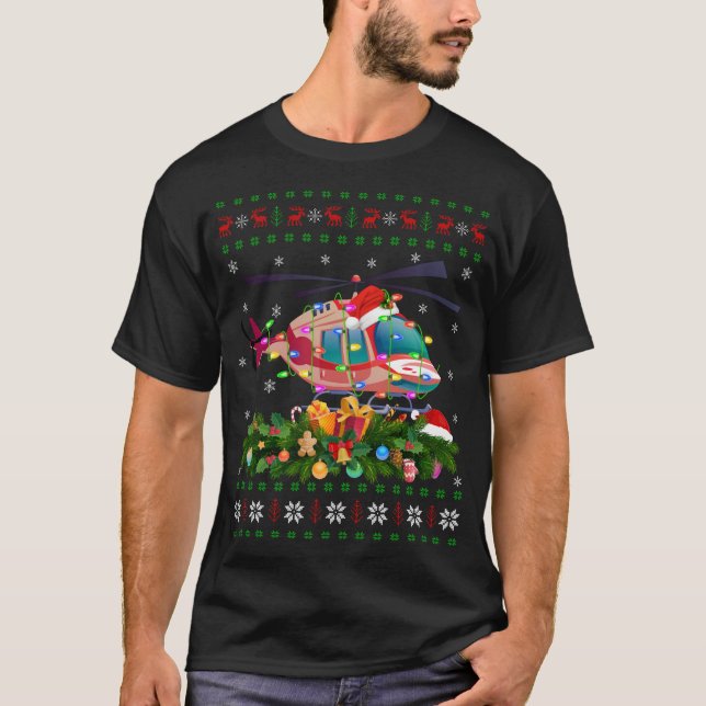 Funny Julafton Lighting Träd Santa Ugly Helicopter T Shirt (Framsida)