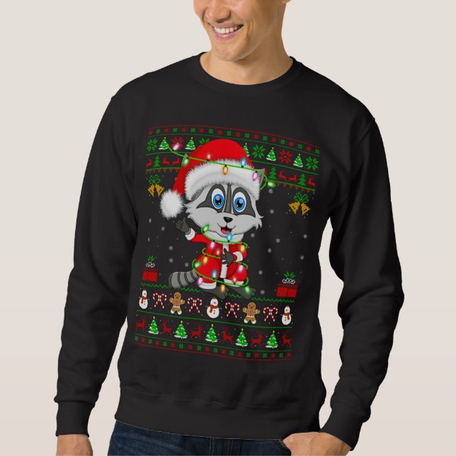 Funny Julafton Ljus Ugly Sweater Stil Santa Raccoo Lång Ärmad Tröja (Framsida)