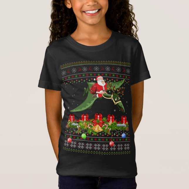 Funny Julafton Ugly Santa Riding Pterodactyl Bird  T Shirt (Framsida)