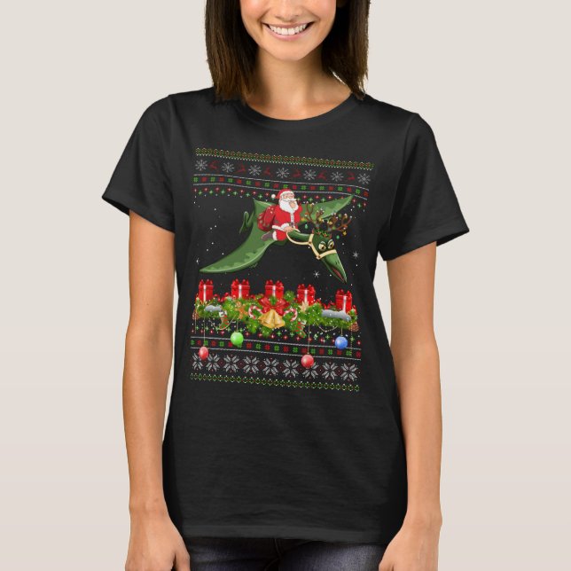 Funny Julafton Ugly Santa Riding Pterodactyl Bird  T Shirt (Framsida)