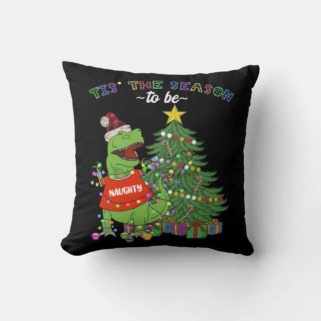 Funny Julgran Dinosaur Naughty List Kudde (Framsida)