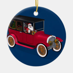 Funny Jultomten i Red Vintage Limousinine Julgransprydnad Keramik