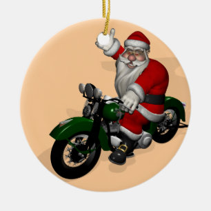 Funny Jultomten på Grönt Vintage Motorcykel Julgransprydnad Keramik