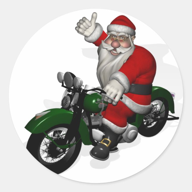 Funny Jultomten på Grönt Vintage Motorcykel Runt Klistermärke (Framsida)