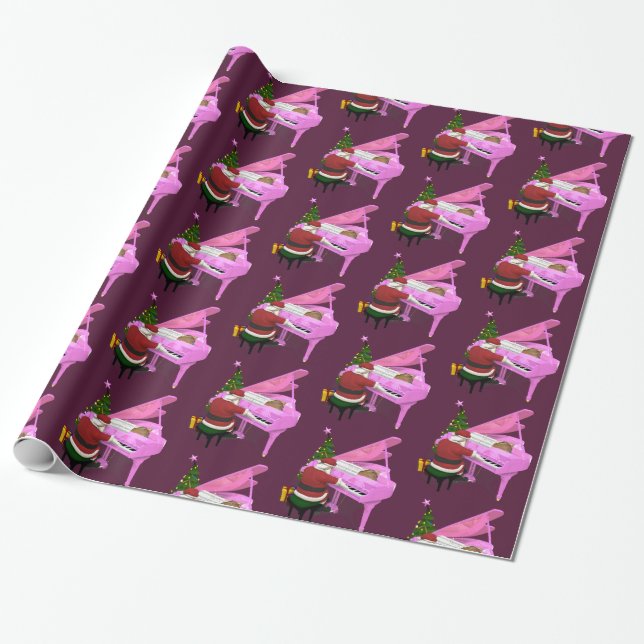 Funny Jultomten Plays Rosa Piano Presentpapper (Utrullad)