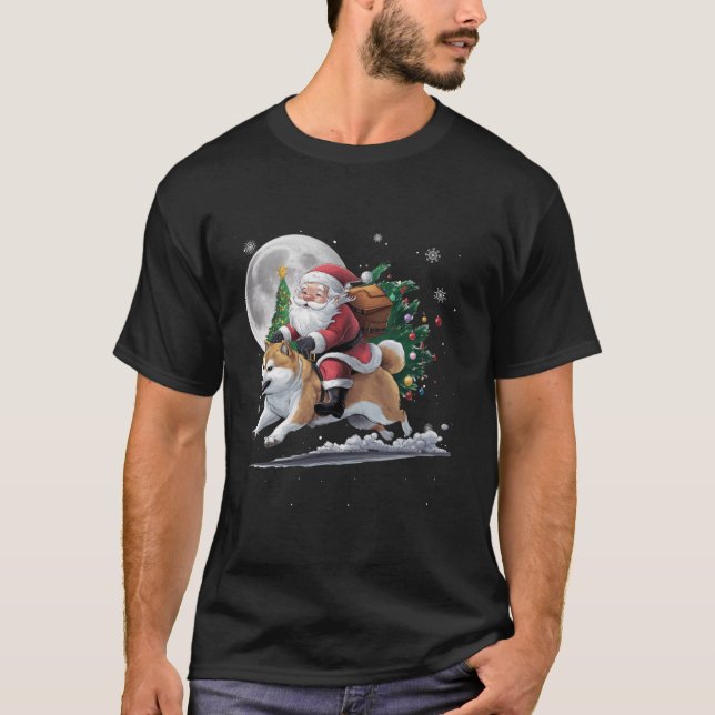 Funny Jultomten Riding Shiba Inu Hund Träd Ljus T Shirt (Framsida)
