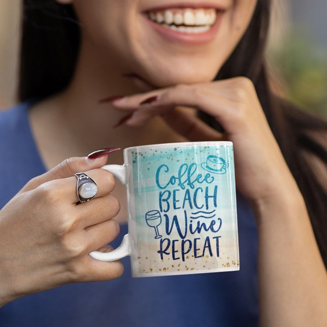 Funny kaffebeach Vin Repeat Glitter Personalize Kaffemugg (Coffee Beach Wine Repeat Mug)