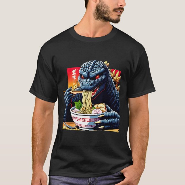 Funny Kaiju Eating Ramen Japanese Monster Lover Bi T Shirt (Framsida)