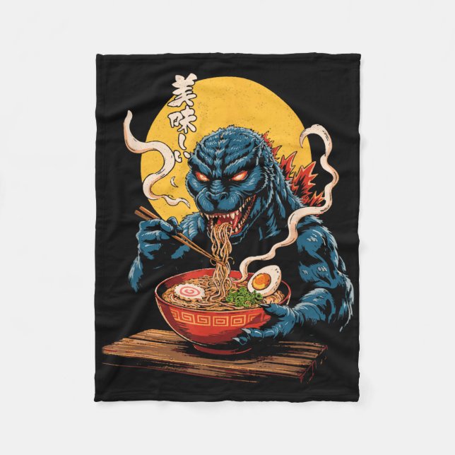 Funny Kaiju Eating Ramen Japansk Monster Älskare B Fleecefilt (Framsidan)