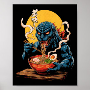 Funny Kaiju Eating Ramen Japansk Monster Älskare B Poster