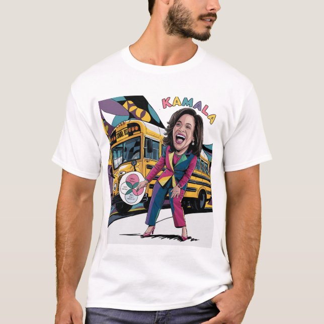 Funny Kamala Harris framför School Buss T Shirt (Framsida)