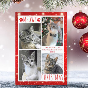 Funny Kat 4 Photo Collage MEOWY CHRISTMAS Red Julkort