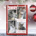 Funny Kat 4 Photo Collage MEOWY CHRISTMAS Red Julkort<br><div class="desc">Ett lustigt Julhälsningar kort för katt med 4 bilder med hälsning MEOWY CHRISTMAS (eller din anpassningsbar hälsning) i modern handskriven typografi som accentueras med katt tass avtryck mot vit och röd bakgrund med ljus och stjärnor. ASSISTANS: Om du vill ha hjälp med designändringar eller anpassning, ändra storlek på färg, flytta...</div>
