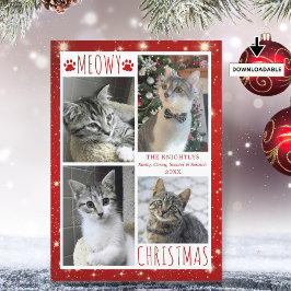 Funny Kat 4 Photo Collage MEOWY CHRISTMAS Red Julkort