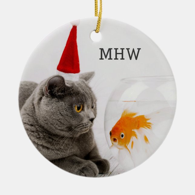 Funny Kat & Fish anpassningsbar monogram ornament (Framsidan)