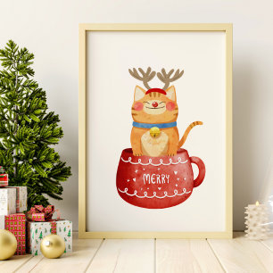 Funny Kat i Kopp Reindeer Antlers Red Nose Julafto Poster