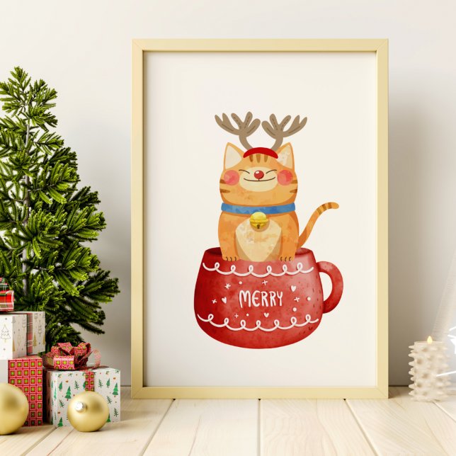Funny Kat i Kopp Reindeer Antlers Red Nose Julafto Poster (Skapare uppladdad)