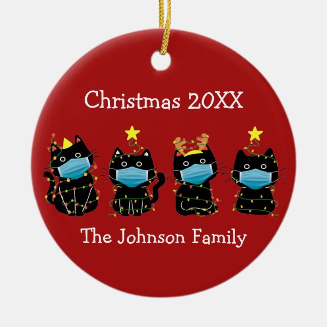 Funny Kat-jul Covid Ansikte Mask-Anpassningsbarna  Julgransprydnad Keramik (Framsidan)