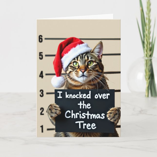Funny Kat Mugshot-julkort Träd-knapp Kort (Framsida)