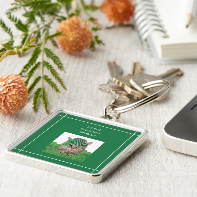 Funny Kat på St. Patrick's Day Fyrkantig Silverfärgad Nyckelring (Sidan)