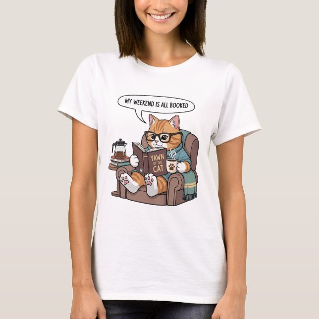 Funny Kat Reading T-Shirt (Framsida)