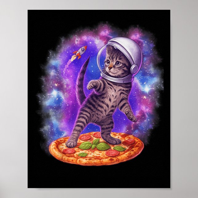 Funny Kat som flyger en Pizza Astronaut Kitten Spa Poster (Framsidan)