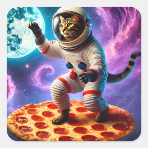 Funny Kat som flyger ett Pizza Astronaut Kattunge Fyrkantigt Klistermärke