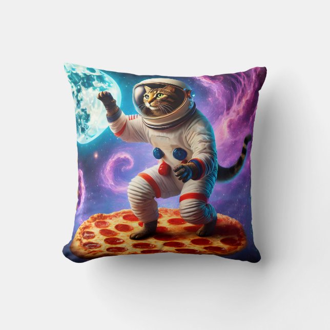 Funny Kat som flyger ett Pizza Astronaut Kattunge  Kudde (Framsida)