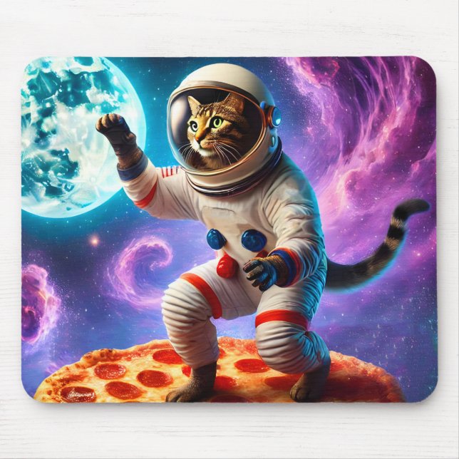 Funny Kat som flyger ett Pizza Astronaut Kattunge  Musmatta (Framsidan)