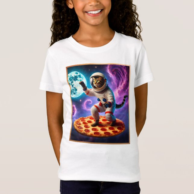Funny Kat som flyger ett Pizza Astronaut Kattunge  T Shirt (Framsida)